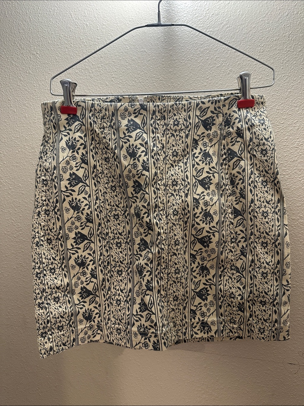 Free People Cream and Blue Floral Stripe Mini Skirt